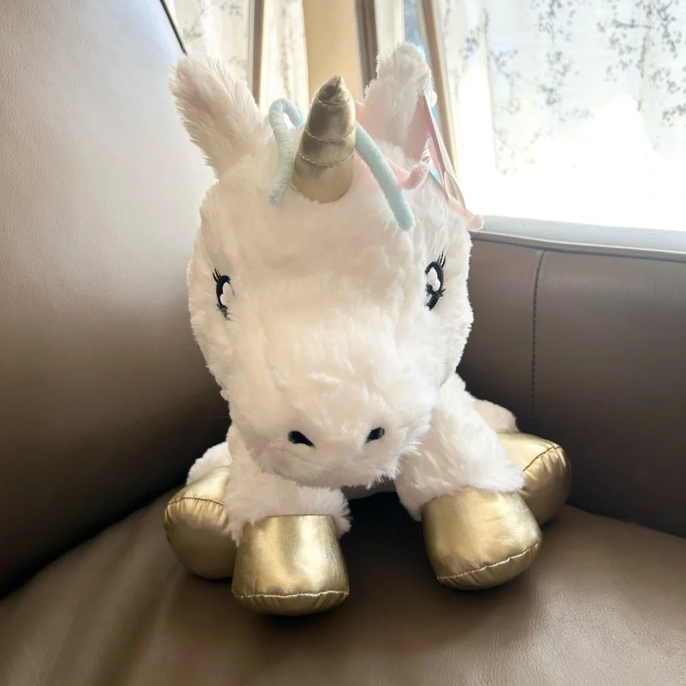 Claire's White Unicorn Plush 14”inch Aurora with Gold and Pink Details